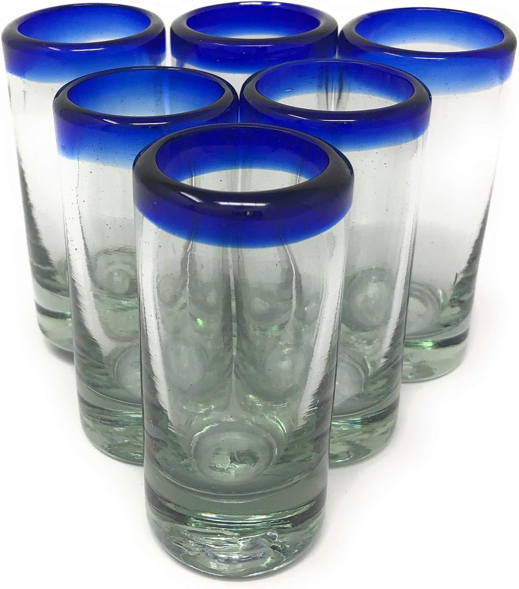 Hand-blown clear shot glasses with blue rim, set of 6