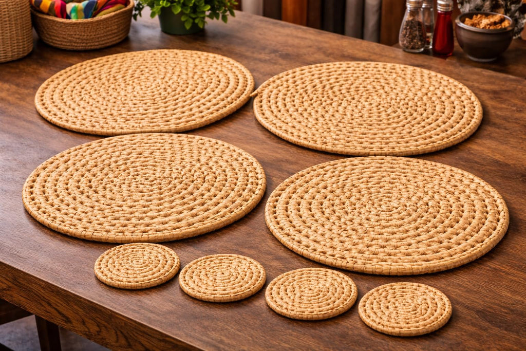Round handwoven palm fiber placemats and coasters set