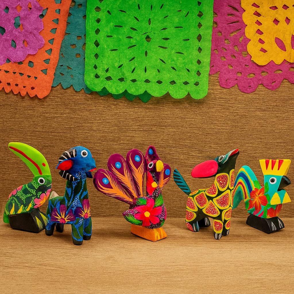DREAMCO SUPPLIES Alebrijes Wood Carving Sculptures, Oaxacan Alebrije Set of 5, Multicolor, Hand-Painted, Mexican Folk Art, 2-3 Inches