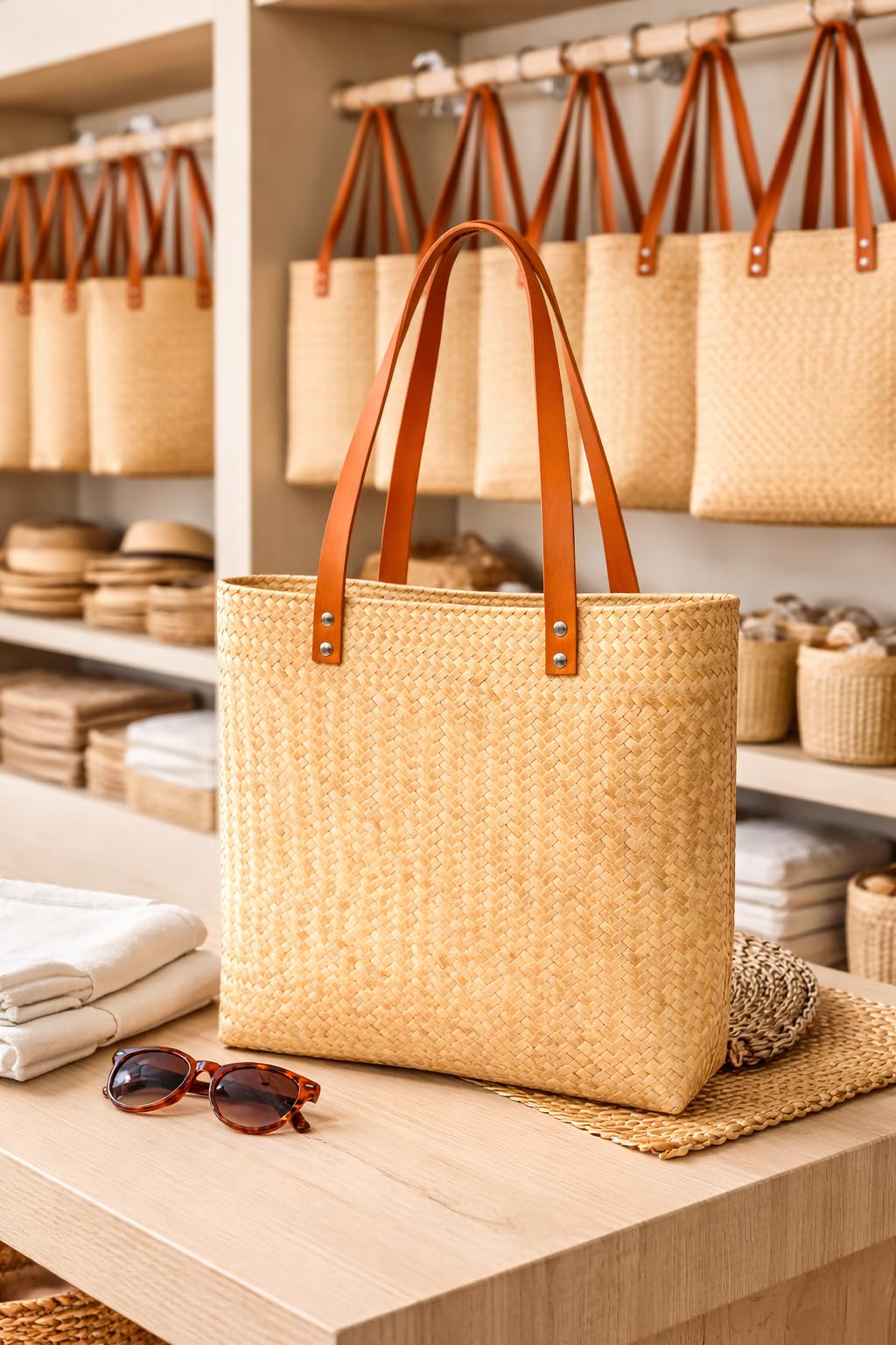 Natural handwoven palm straw tote bag with shoulder strap