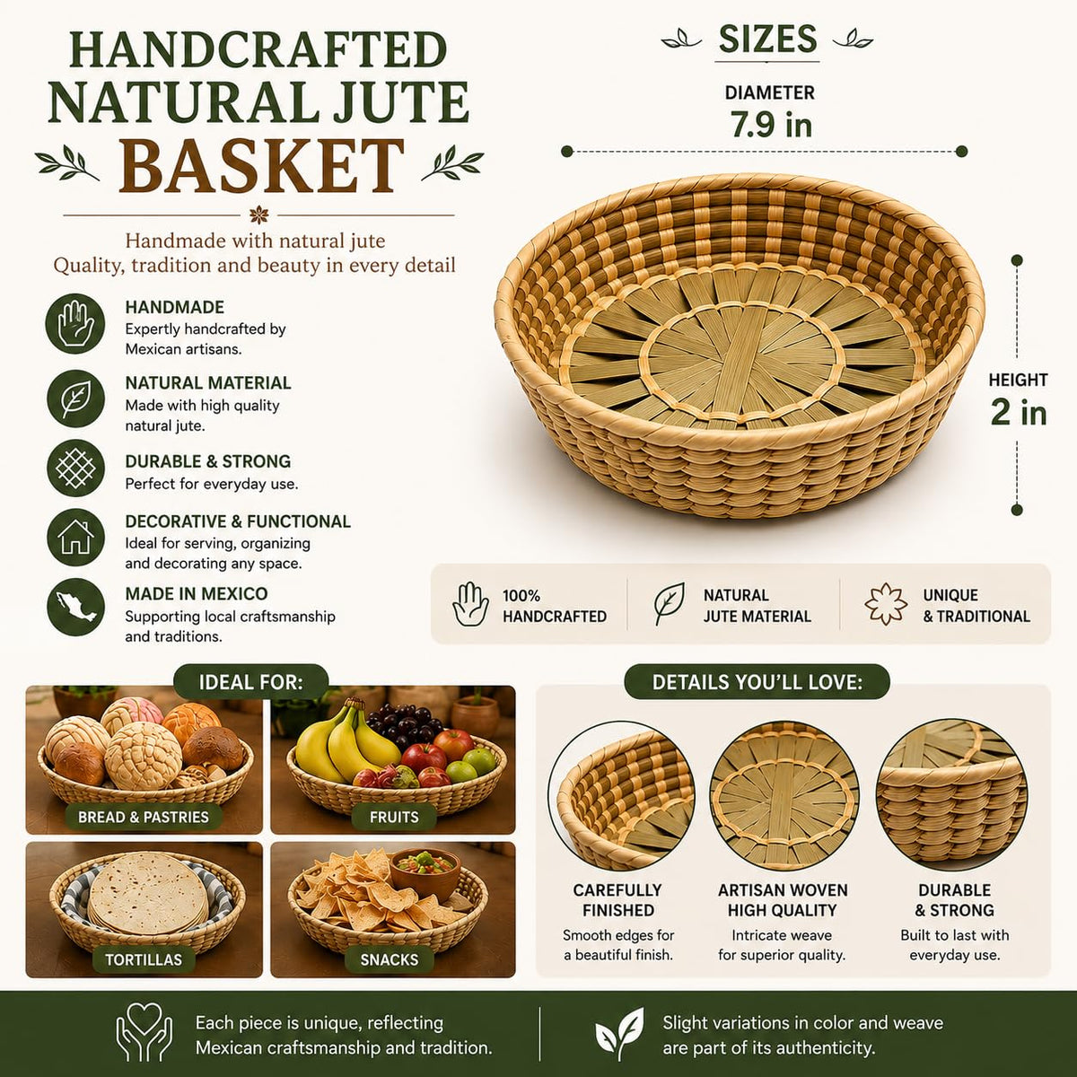 DREAMCO SUPPLIES Handwoven Mexican Tortilla Basket, Palm Straw Tortillero, Decorative Bowl Warmer, Sizes Small, Medium and Large, Handmade in Mexico