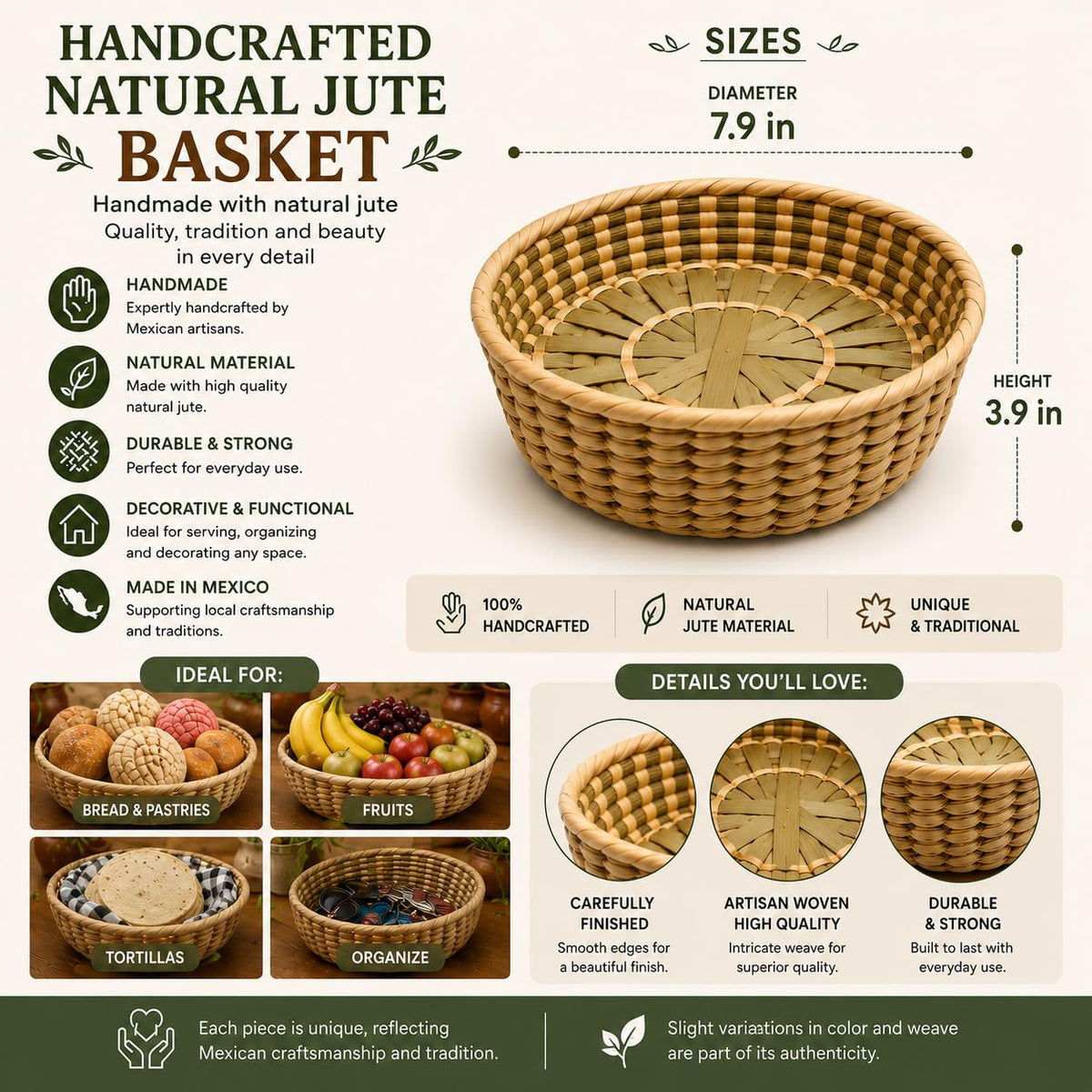 DREAMCO SUPPLIES Handwoven Mexican Tortilla Basket, Palm Straw Tortillero, Decorative Bowl Warmer, Sizes Small, Medium and Large, Handmade in Mexico
