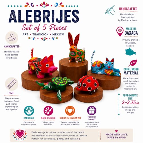 DREAMCO SUPPLIES Alebrijes Wood Carving Sculptures, Oaxacan Alebrije Set of 5, Multicolor, Hand-Painted, Mexican Folk Art, 2-3 Inches