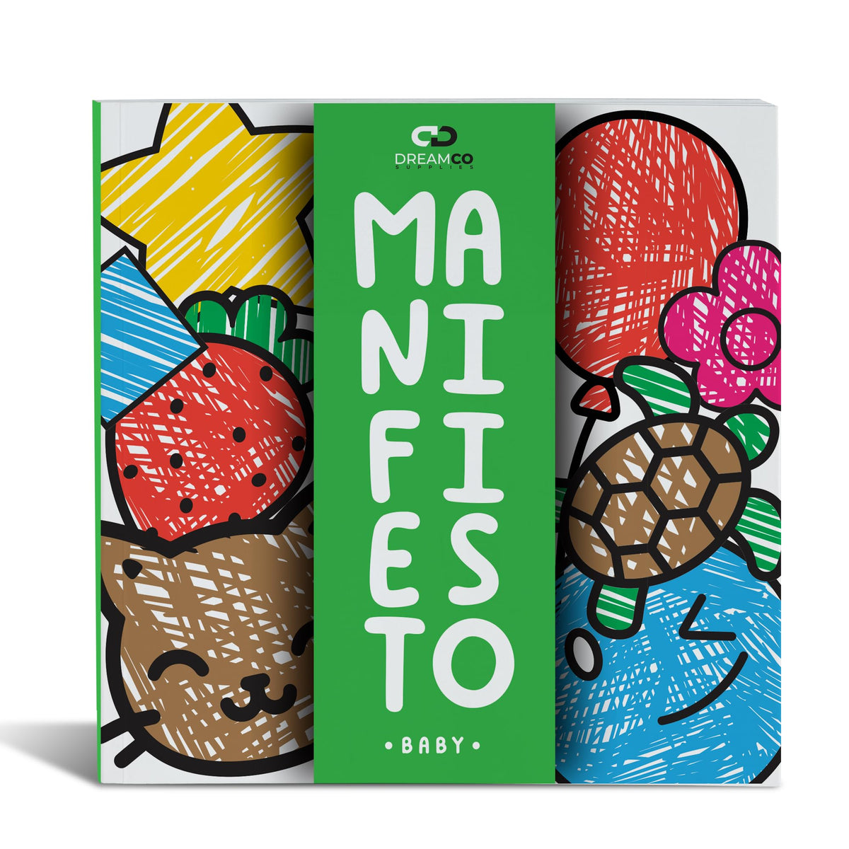 Manifiesto Baby coloring book cover with big cartoon illustrations, Spanish edition