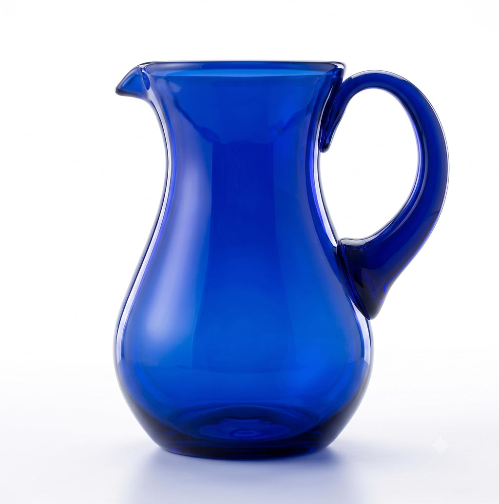 Hand-blown cobalt blue glass water pitcher, pear shape