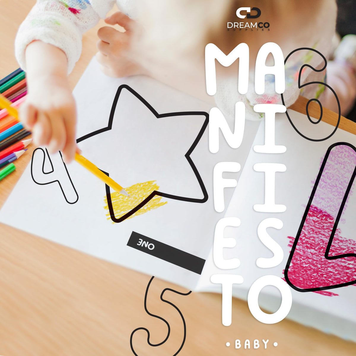 Manifiesto coloring book cover with big cartoon illustrations, English edition