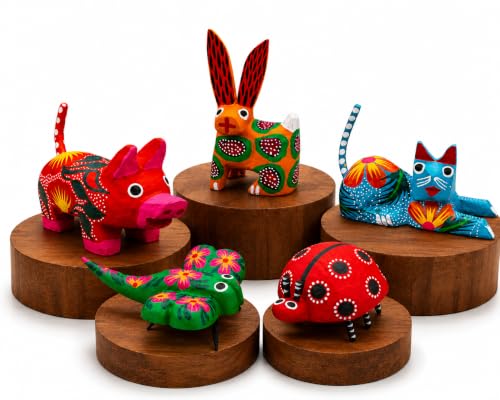 DREAMCO SUPPLIES Alebrijes Wood Carving Sculptures, Oaxacan Alebrije Set of 5, Multicolor, Hand-Painted, Mexican Folk Art, 2-3 Inches