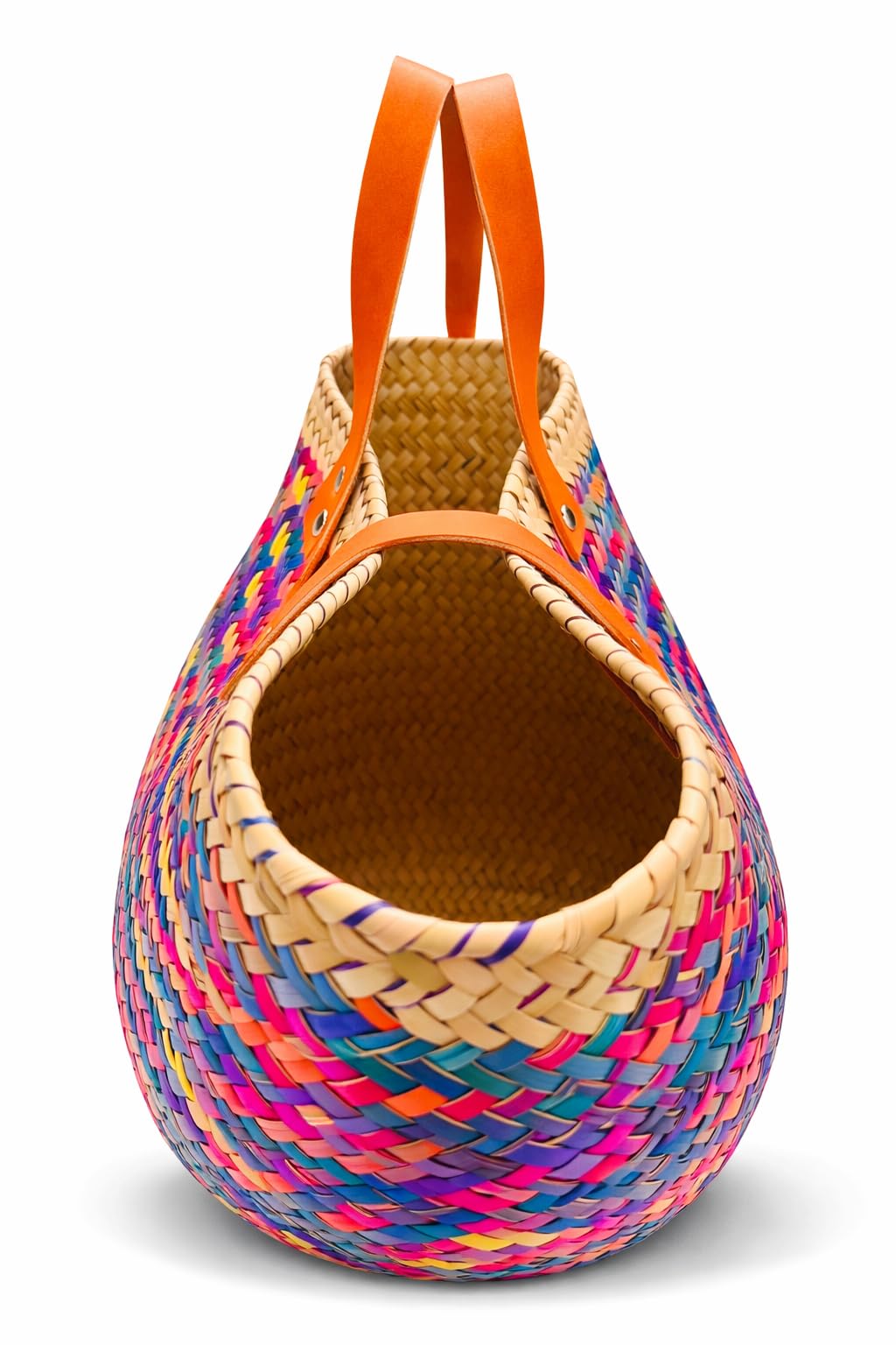 Colorful handwoven palm straw tote bag with closure