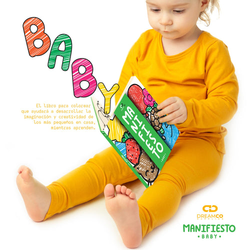 Manifiesto Baby coloring book cover with big cartoon illustrations, Spanish edition