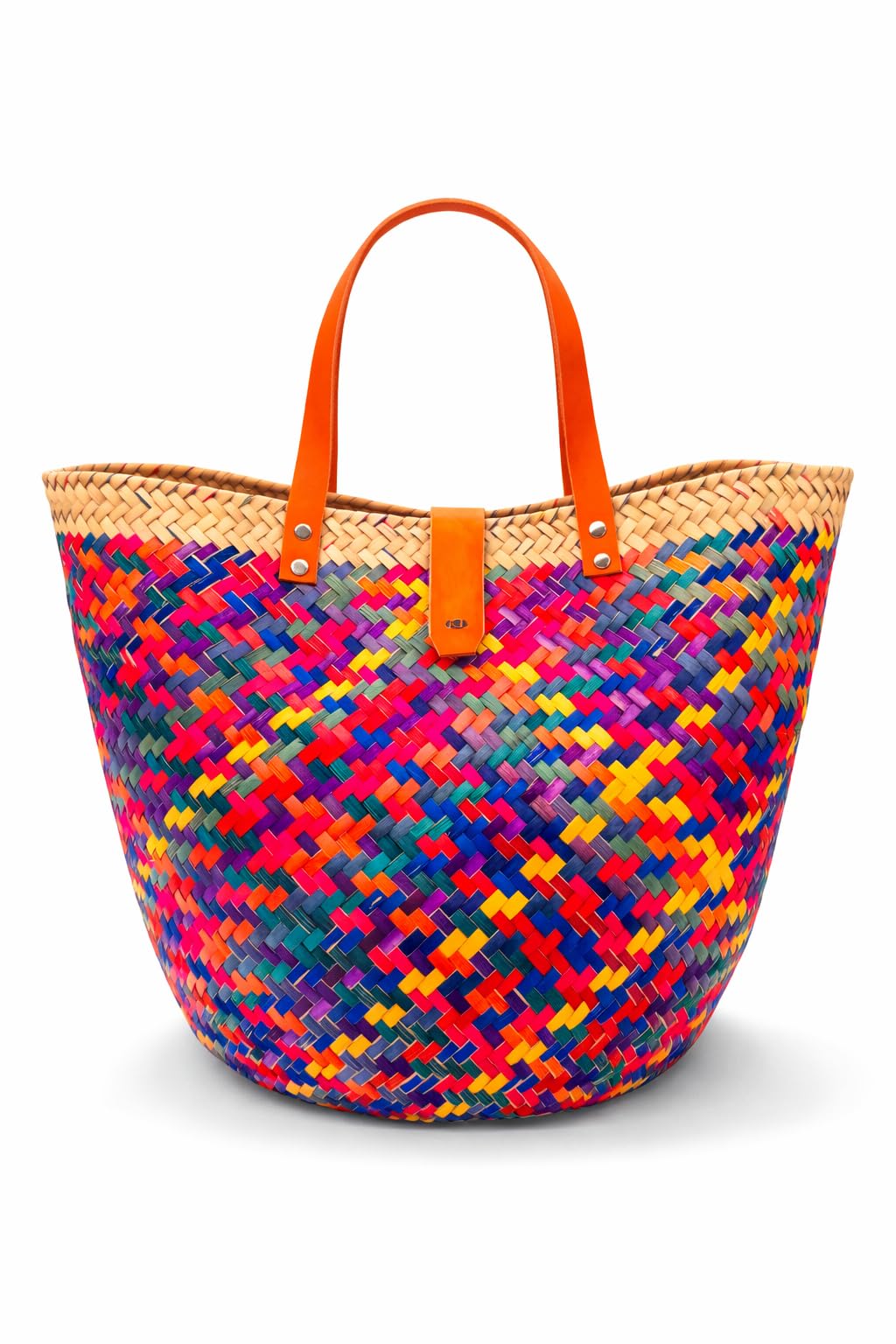Colorful handwoven palm straw tote bag with closure