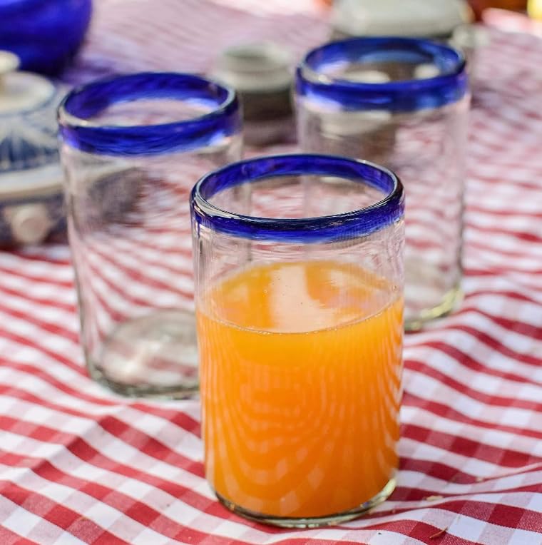 Hand-blown clear glass drinkware with blue rim, set of 6