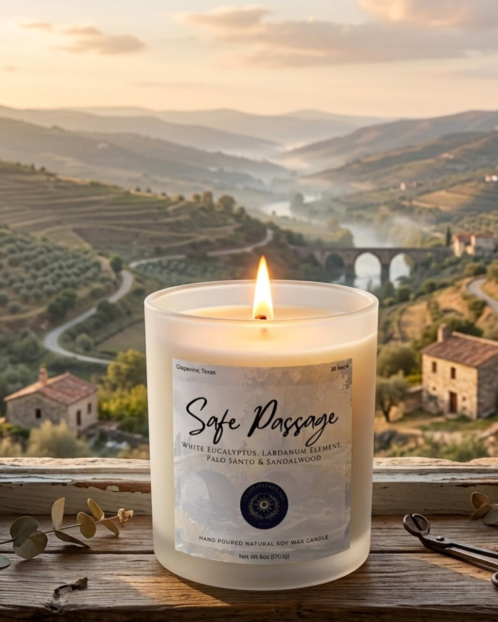 Safe Passage hand-poured soy wax candle in amber glass jar