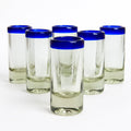 Hand-blown clear shot glasses with blue rim, set of 6