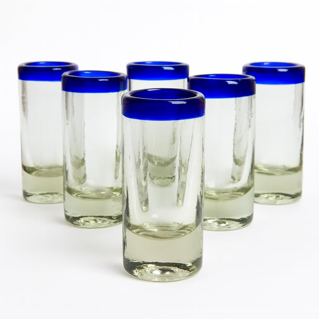 Hand-blown clear shot glasses with blue rim, set of 6