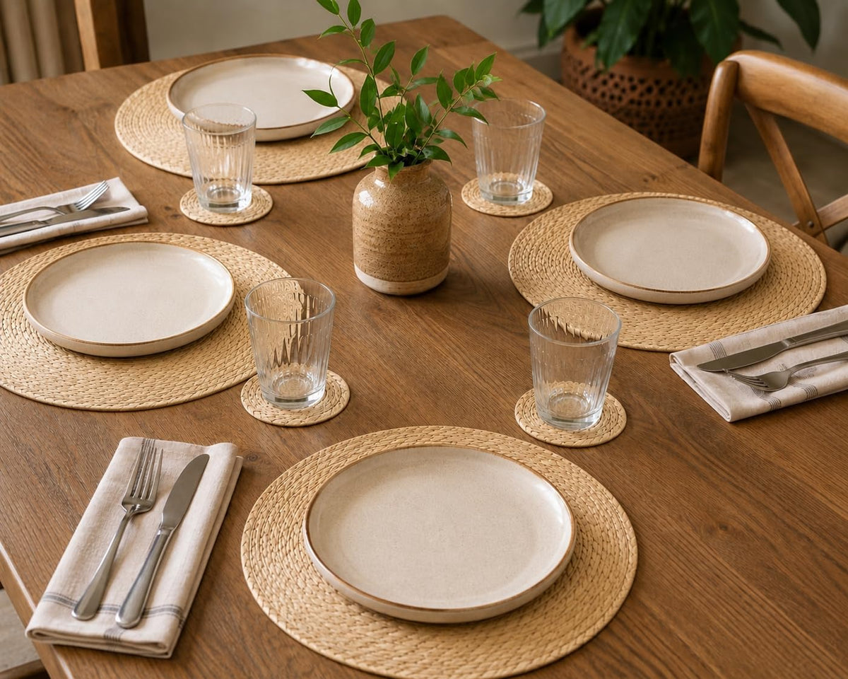 Natural tule palm fiber placemats and coasters set