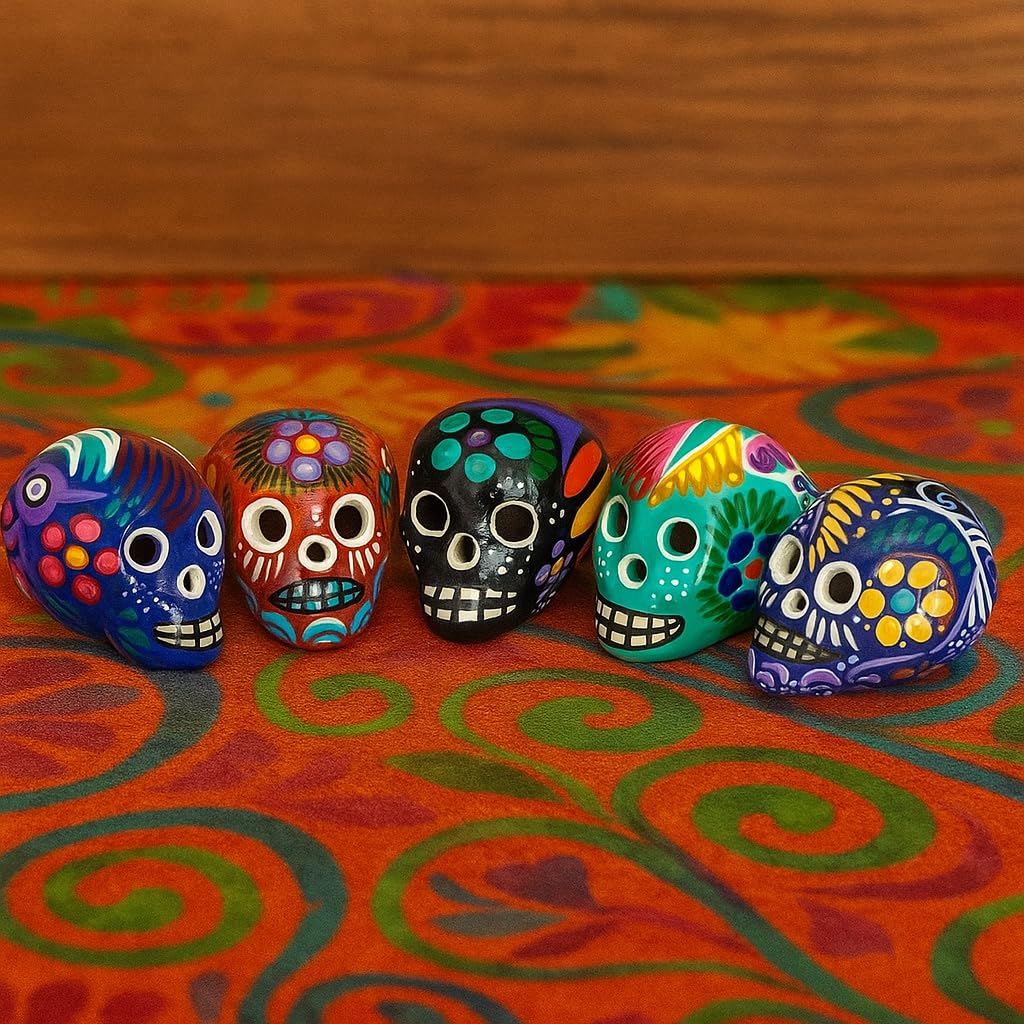 DREAMCO SUPPLIES Hand Painted Mexican Skull Carving Sculptures, Oaxacan Skulls Set of 5, 2-3 Inches