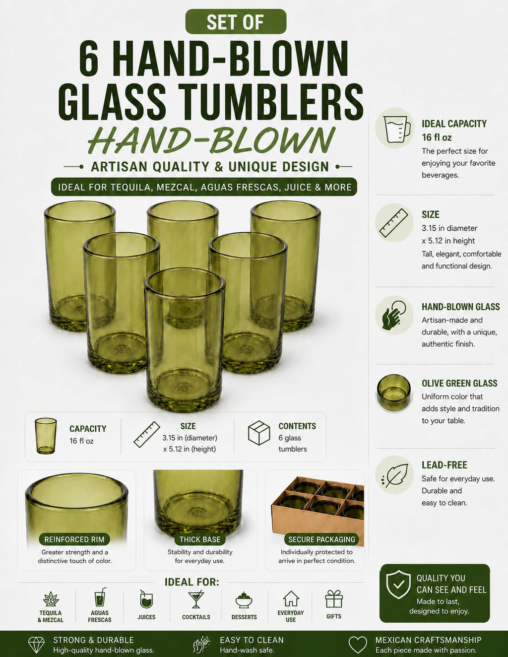 DREAMCO SUPPLIES Handblown Glass Drinkware Set of 6(16Oz), Solid Colors