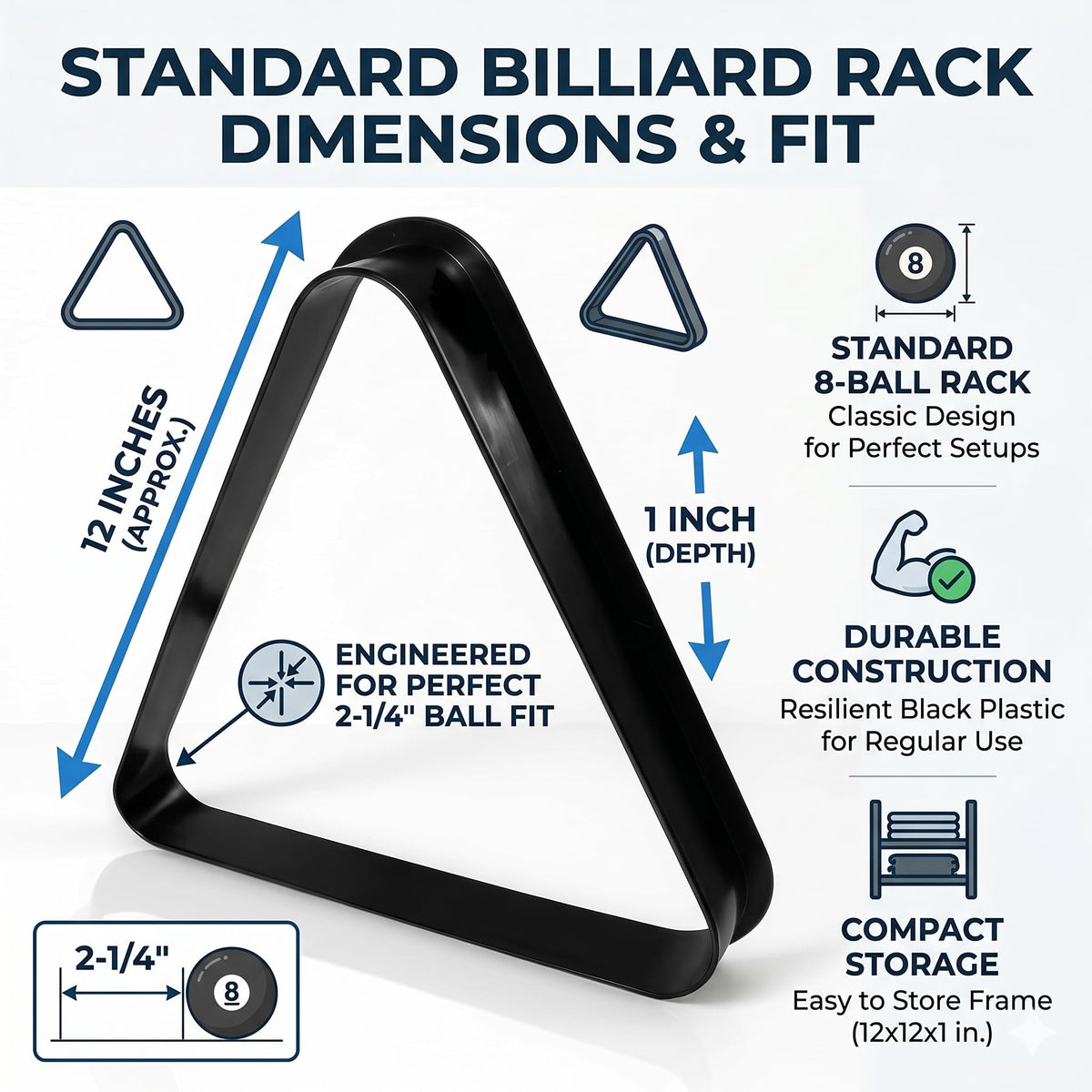 Black plastic billiard ball triangle rack for 2-1/4 inch balls