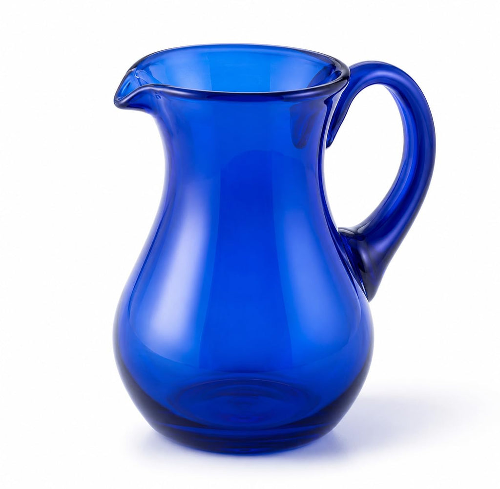 Hand-blown cobalt blue glass water pitcher, pear shape