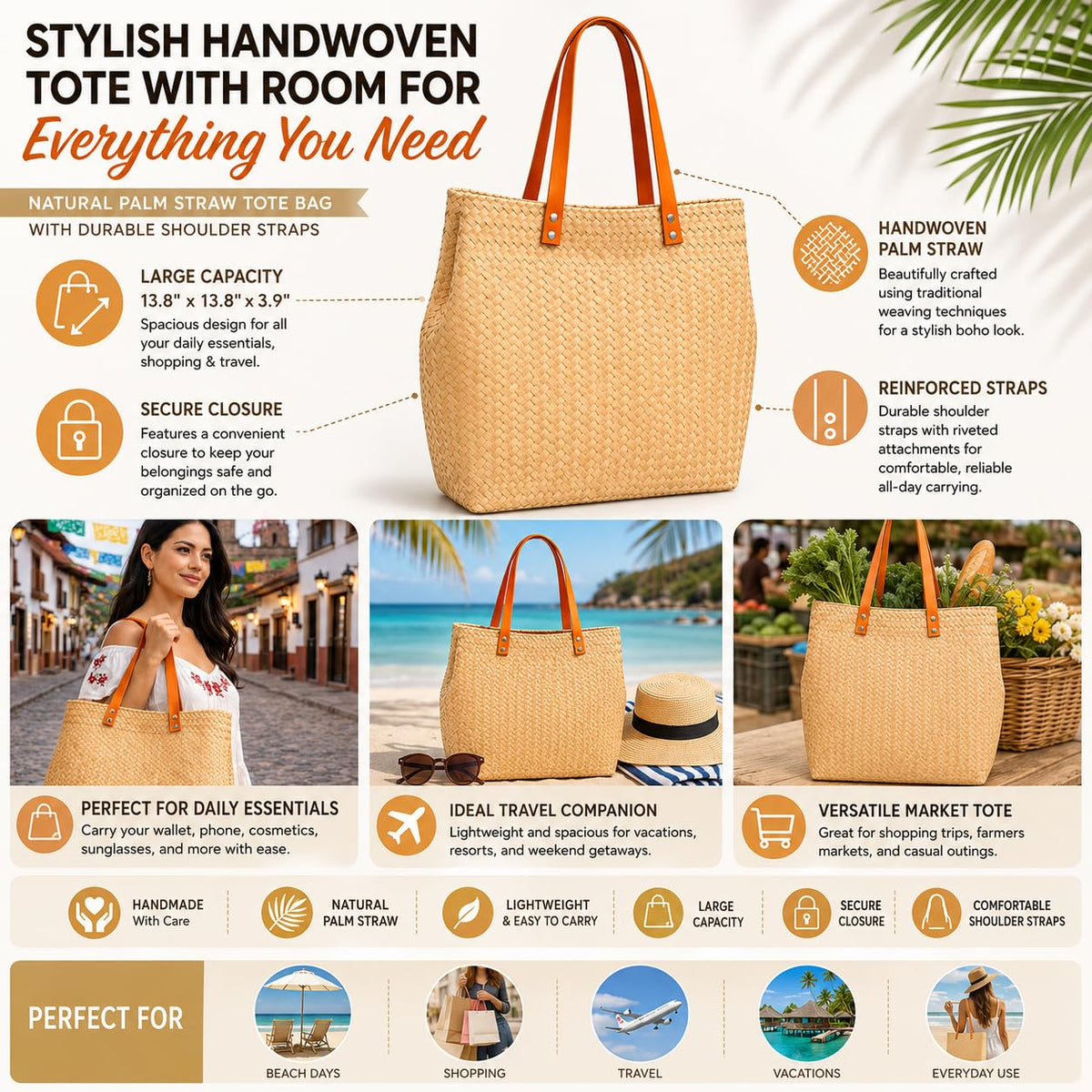 Large woven palm straw beach tote bag