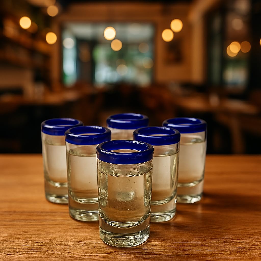 Hand-blown clear shot glasses with blue rim, set of 6