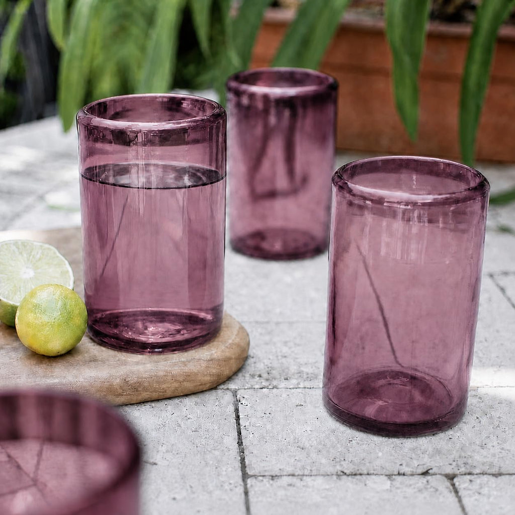 Hand-blown glass drinkware set of 6 in solid colors, 16 ounce