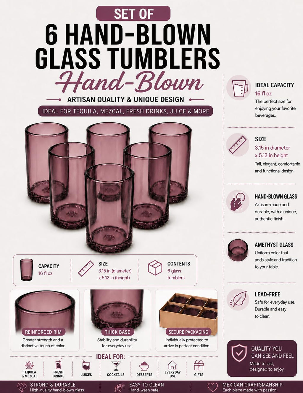 DREAMCO SUPPLIES Handblown Glass Drinkware Set of 6(16Oz), Solid Colors