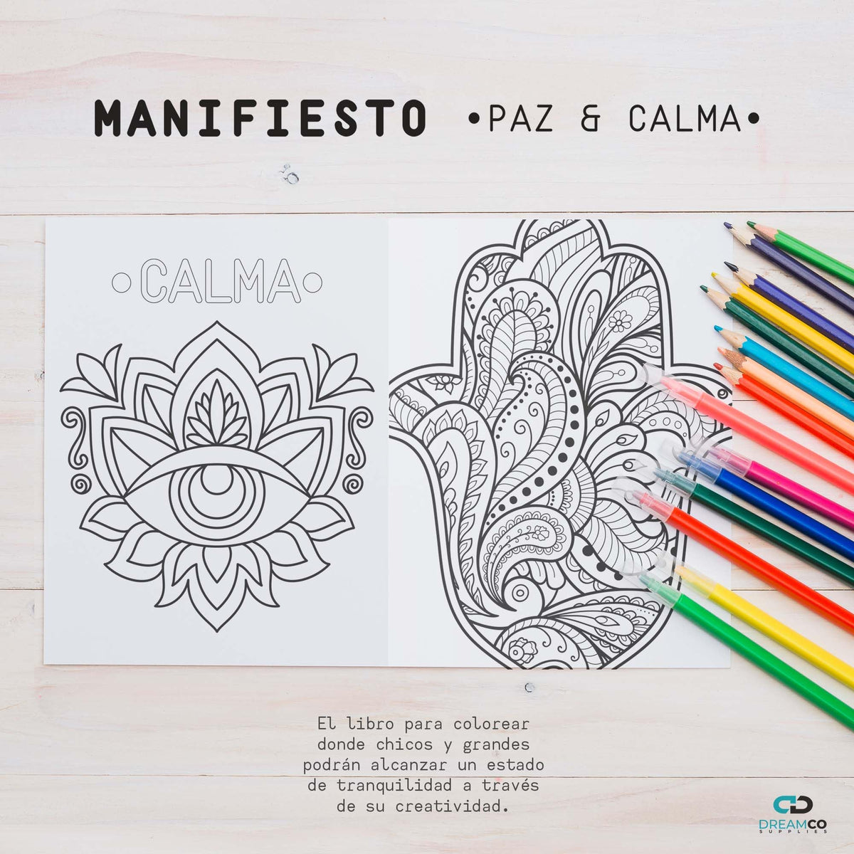 Manifiesto Paz y Calma mandala coloring book cover, Spanish edition