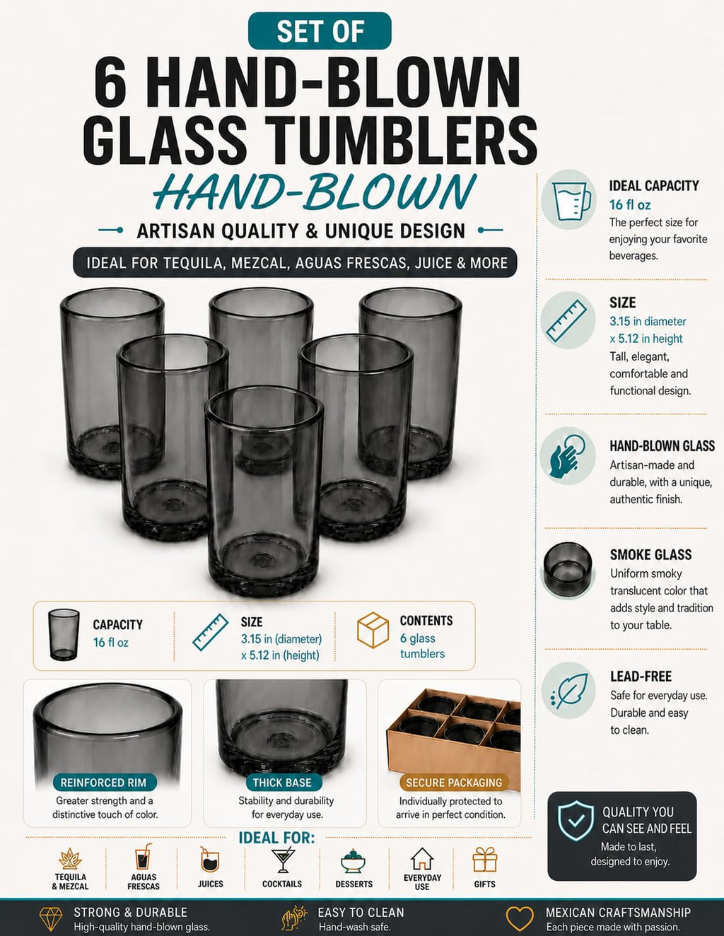 DREAMCO SUPPLIES Handblown Glass Drinkware Set of 6(16Oz), Solid Colors