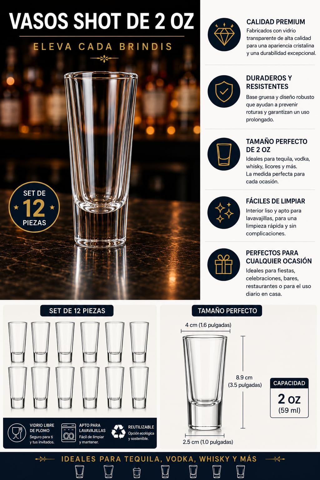 DREAMCO SUPPLIES Shot Glasses Set, 2 Oz, Clear, Crystal Glass, Heavy Base, 12 Pack, Modern Style, Stackable, for Vodka, Whiskey, Tequila & Espresso