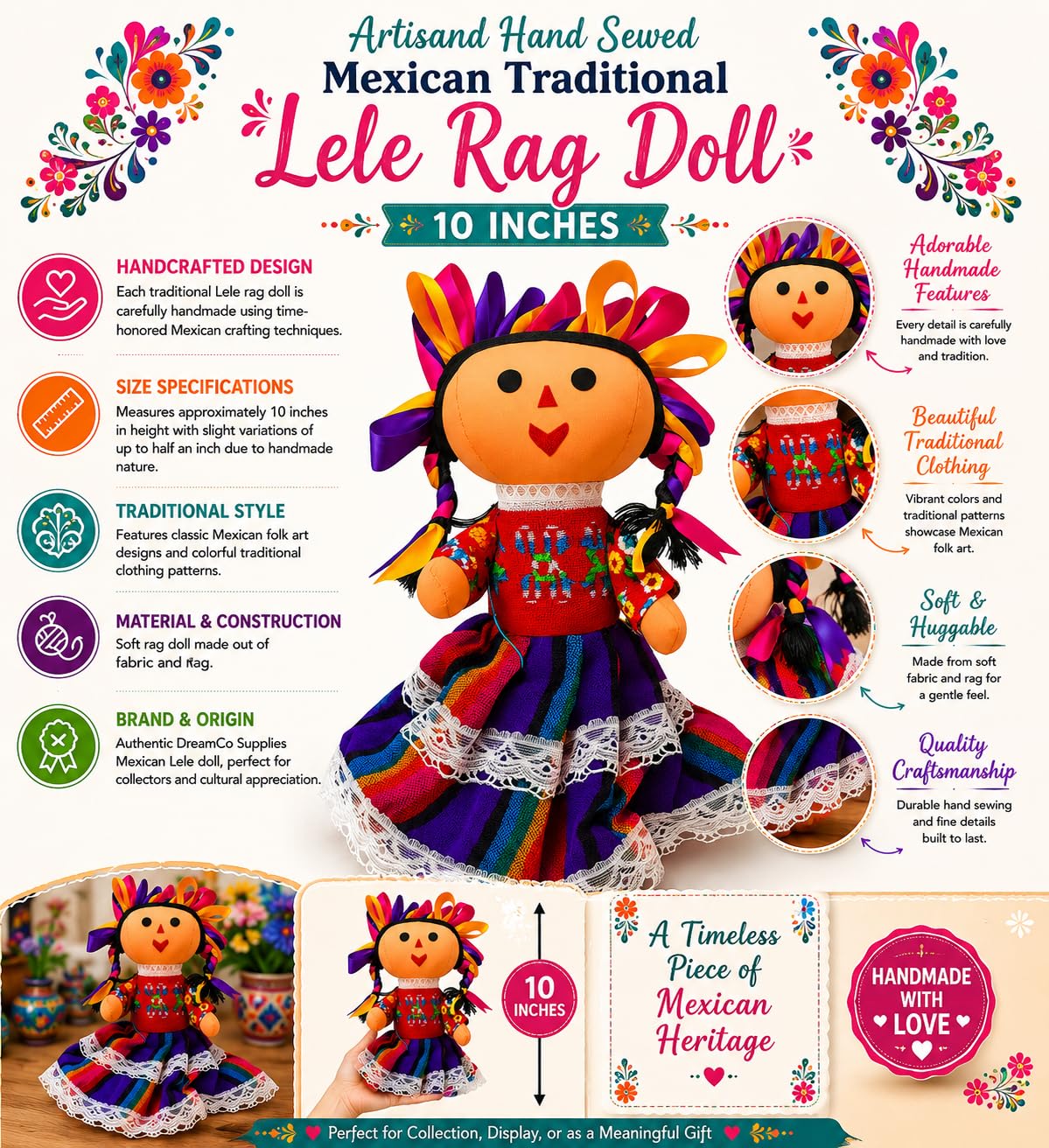 DREAMCO SUPPLIES Artisand Hand Sewed Mexican Traditional Lele Rag Figurine for Collection